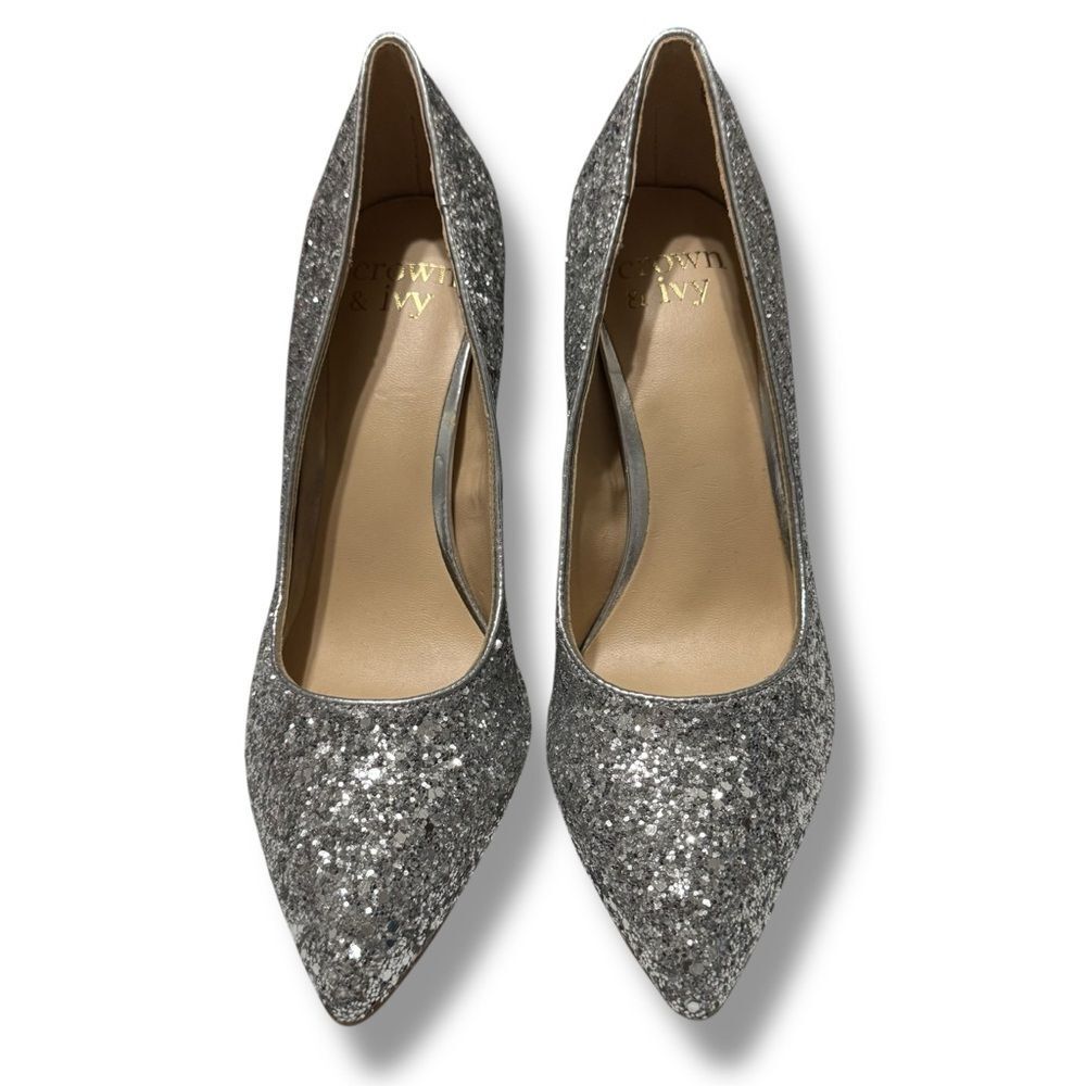 Crown Ivy Jazmin Glitter Heels 6 Silver Sparkle Party Night Out Glam Pumps